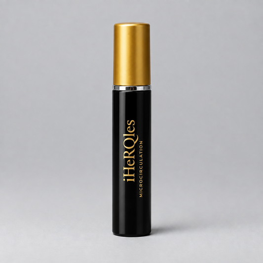 Concept mockup of black spray bottle with gold cap and vertical iHeRQles Microcirculation label; not exact manufacturer packaging