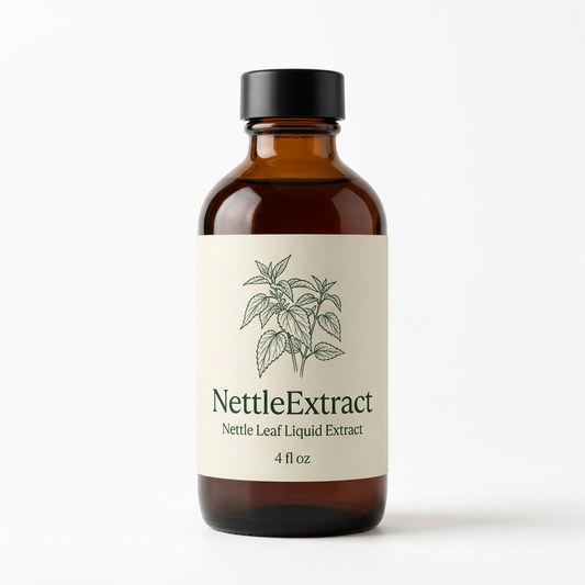 Conceptual NettleExtract packaging in a 4 fl oz amber bottle with a black cap